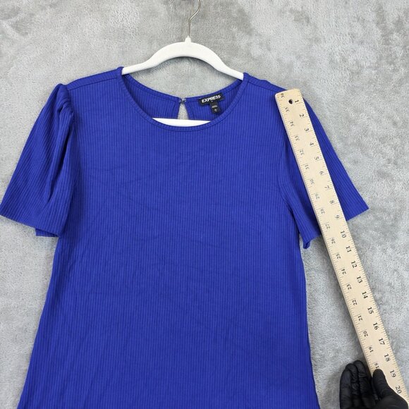 Express Shirt Womens Large Blue Ribbed Short Sleeve Puff Shoulder Stretch Rayon - Picture 4 of 11